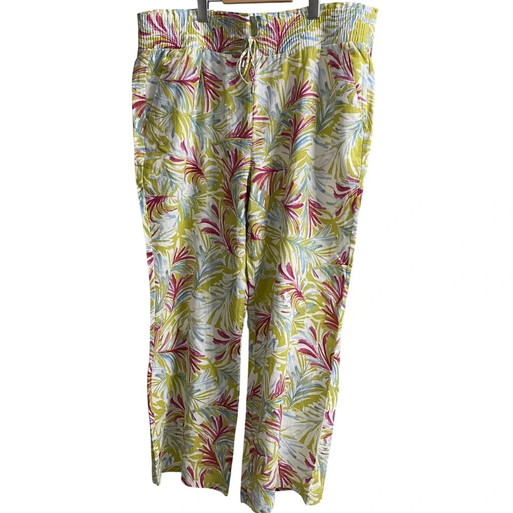 Land 'n Sea Womens XL Tropical Palm Print Linen Blend Wide Leg Pants‎ 312S5625HA